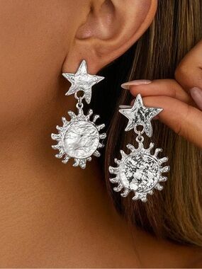 Color Silver Star & Sun Medallion Drop Earrings